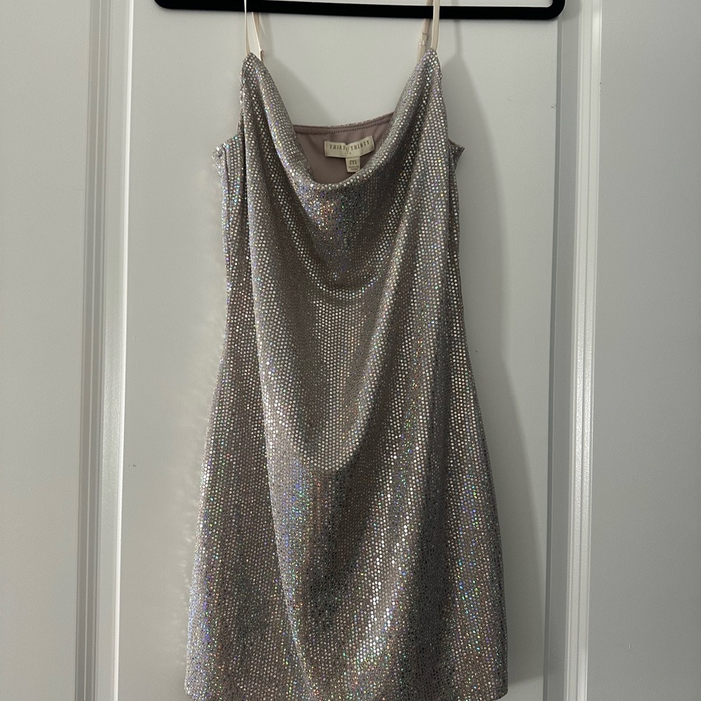 Silver Sequin Cowl Neck Mini Dress